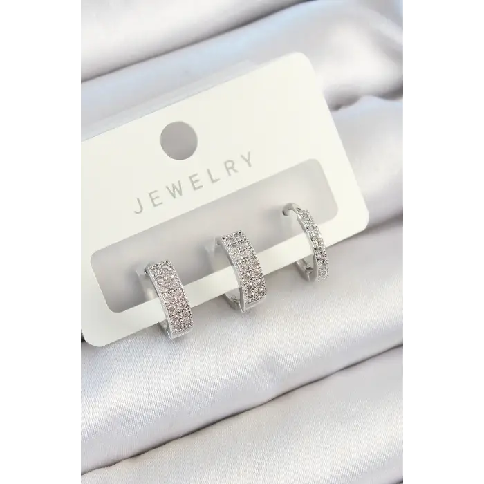 Pirinç Zirkon Taşlı Halka Model Gümüş Renk 3lü Çift Kadın Küpe Set