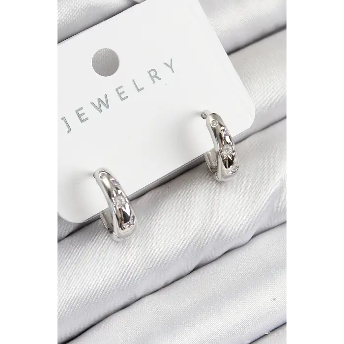 Pirinç Zirkon Taşlı Halka Model Gümüş Renk Kadın Küpe