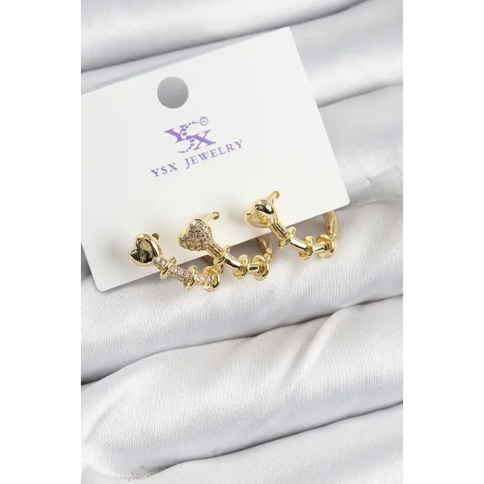 Pirinç Zİrkon Taşlı Kalp Model Gold Renk 3lü Kadın Küpe