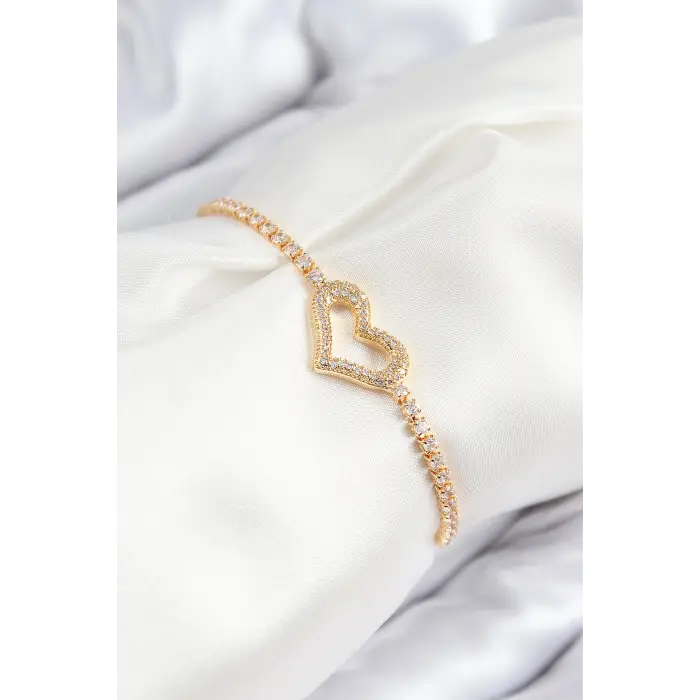 Pirinç Zirkon Taşlı Kalp Model Gold Renk Asansörlü Kadın Bileklik