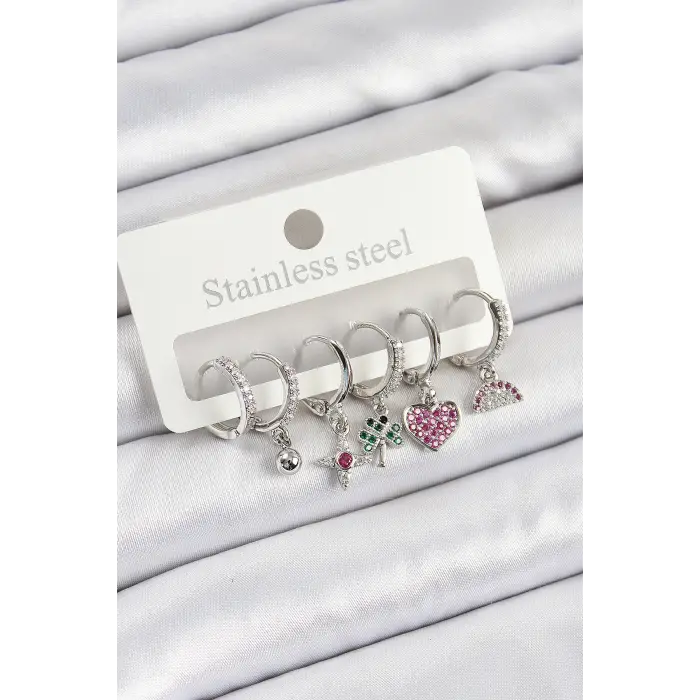 Pirinç Zirkon Taşlı Karpuz Yonca Kalp Pusula Karışık Model Gümüş Renk 6lı Set Kadın Küpe