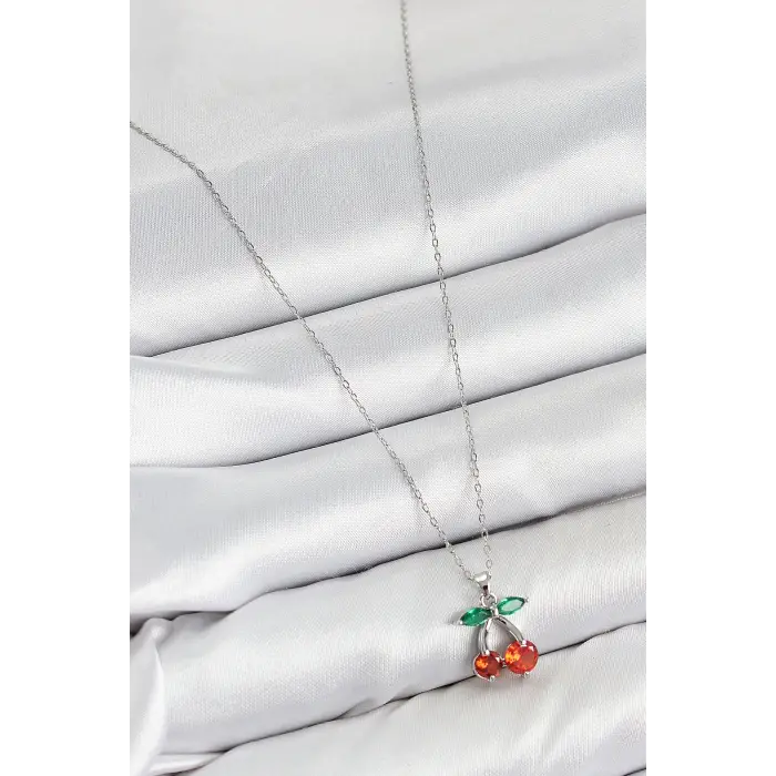 Pirinç Zirkon Taşlı Kiraz Model Gümüş Renk Kadın Kolye