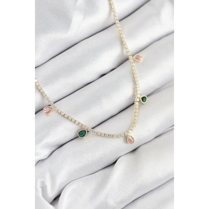 Pirinç Zirkon Taşlı Su Yolu Damla Model Gold Renk Kadın Kolye