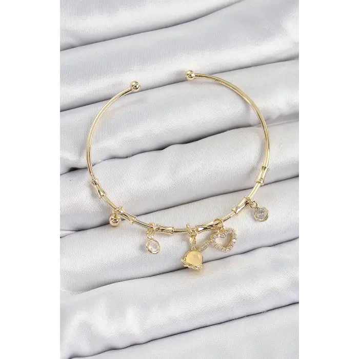 Pirinç Zirkon Taşlı Tavşan Ve Kalp Model Gold Renk Charm Bileklik