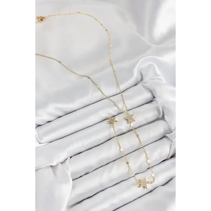 Pirinç Zirkon Taşlı Yıldız Model Gold Renk Y Kolye