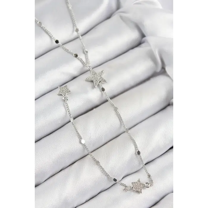 Pirinç Zirkon Taşlı Yıldız Model Gümüş Renk Y Kolye