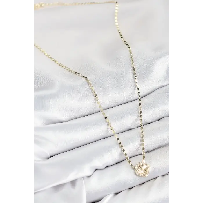 Pirinç Zirkon Taşlı Yonca Model Ezme Zincir Gold Renk Kadın Kolye