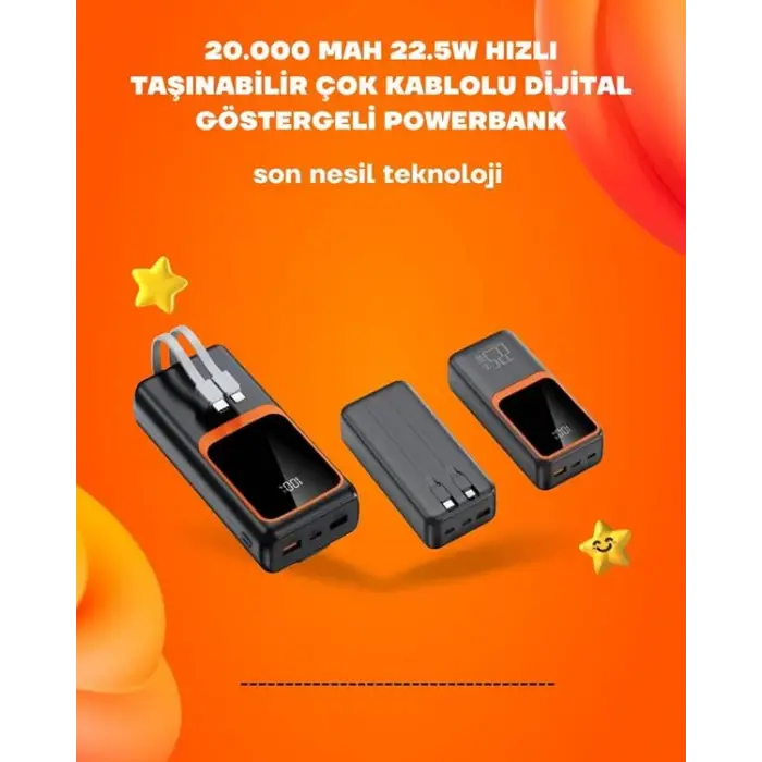 Powerbank 20000 mAh | 22.5W Hızlı Şarj, Dahili Kablolu, LCD Ekranlı Şarj Cihazı