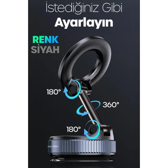 360 Araba Telefon Tutucu Ayarlanabilir Masa Üstü Vakumlu Mıknatıslı Magsafe Telefon Tutucu Siyah