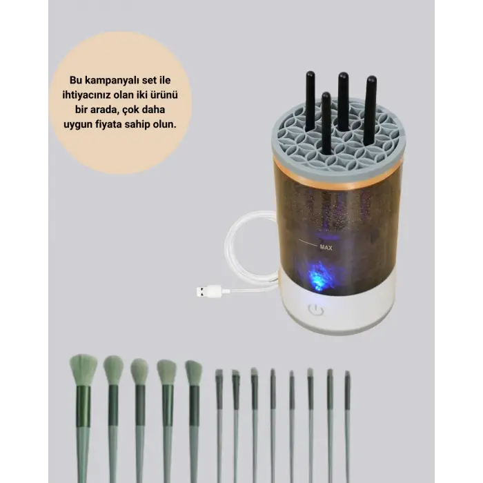 Profesyonel 13’lü Makyaj Fırçası + USB Fırça Temizleyici İkili Set