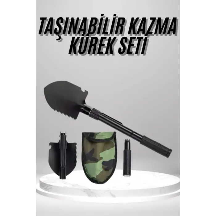 Pusulalı Katlanabilen Portatif Çantalı Mini Kazma Kürek Seti