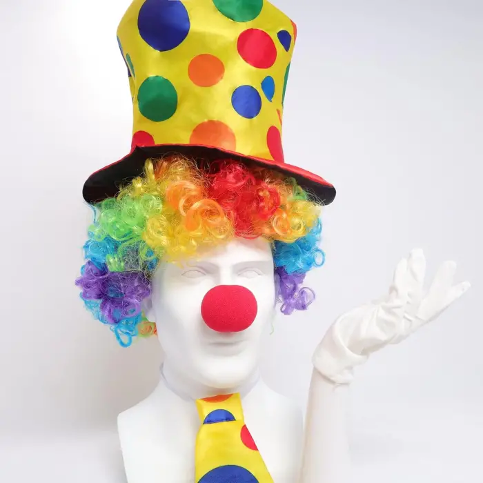 Renkli Palyaço Kostüm Seti – 5 Parça Aksesuar (Şapka, Peruk, Kravat, Eldiven, Burun)