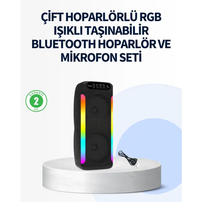 RGB Işıklı Çift Hoparlörlü Taşınabilir Bluetooth Speaker ve Mikrofon