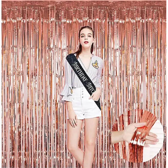 Rose Gold Püsküllü Kapı Perdesi - Parti, Bekarlığa Veda, Doğum Günü 1x2 m