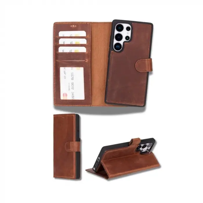 Samsung Galaxy S25 Ultra uyumlu, Hakiki Deri, El Yapımı, Cüzdanlı Kılıf, Antik Kahve