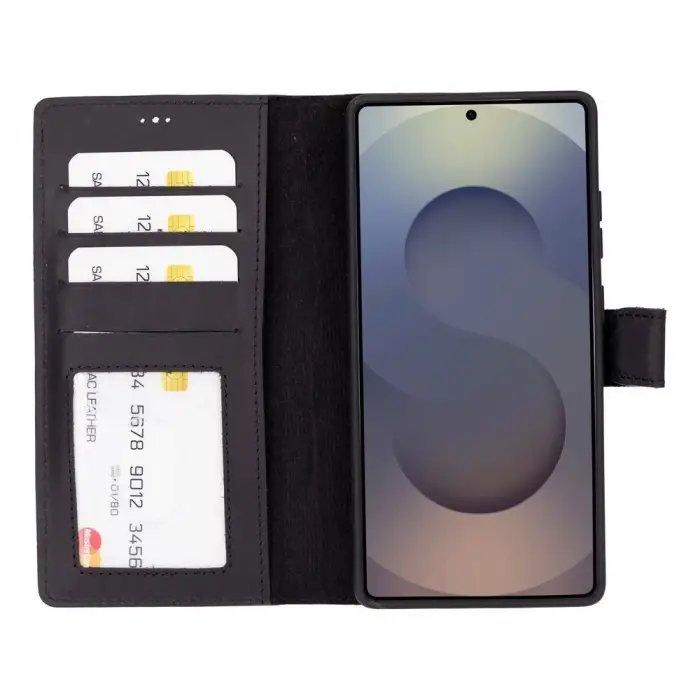 Samsung Galaxy S25 Ultra uyumlu, Hakiki Deri, El Yapımı, Cüzdanlı Kılıf, Mat Siyah