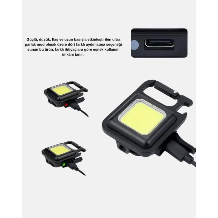 Şarjlı COB LED Anahtarlık Fener – 4 Modlu, Manyetik ve Katlanabilir Standlı