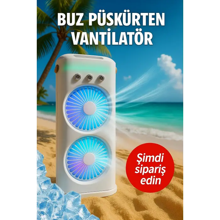 Şarjlı Masa Üstü 2 Fanlı Kule Portatif Taşınabilir Midi Su Püskürten Işıklı Lüks Fanlı Vantilatör