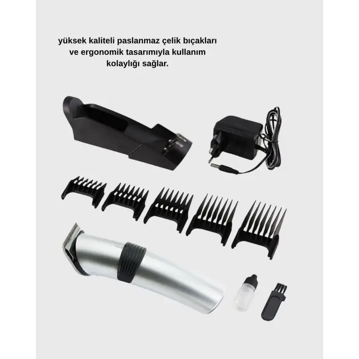 Şarjlı Saç ve Sakal Kesme Makinesi – Paslanmaz Çelik Bıçak, Ayarlanabilir Başlık