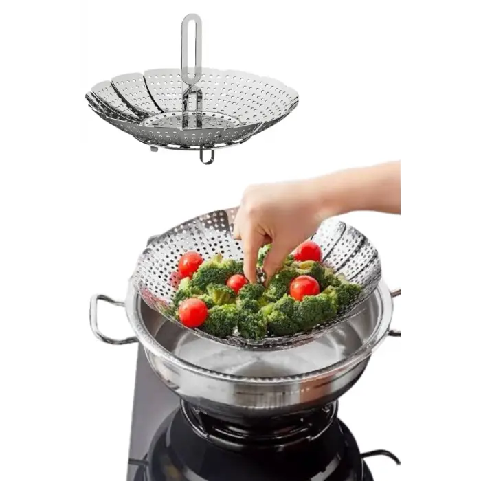 Sebze Haşlama Sepeti Paslanmaz Çelik Katlanabilir Buharda Pişirme