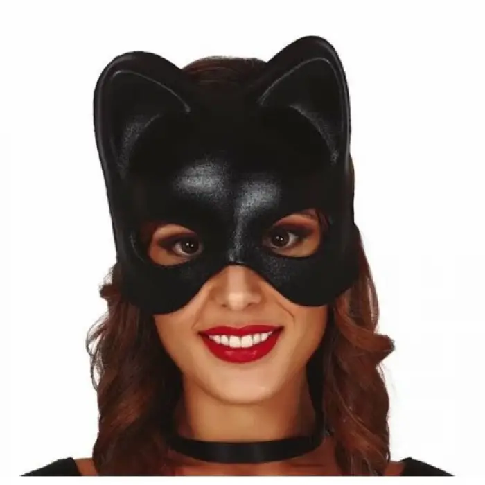 Siyah Deri Görünümlü Kedi Maskesi
