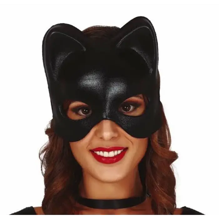 Siyah Deri Görünümlü Kedi Maskesi – Cosplay & Maskeli Balo