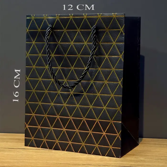 Siyah Geometrik Desenli Mini Boy Karton Hediye Çantası