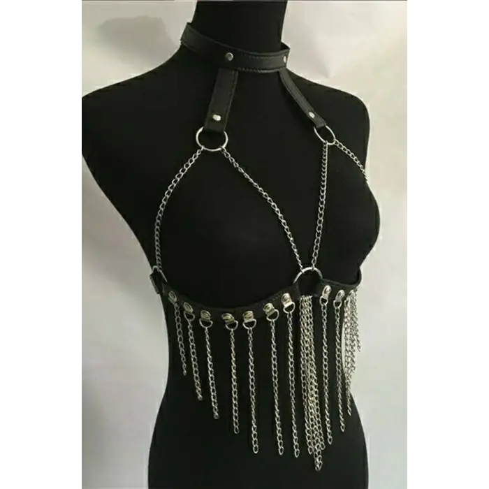 Siyah Göğsü Açık Zincirli Fantazi Deri Sütyen 1014