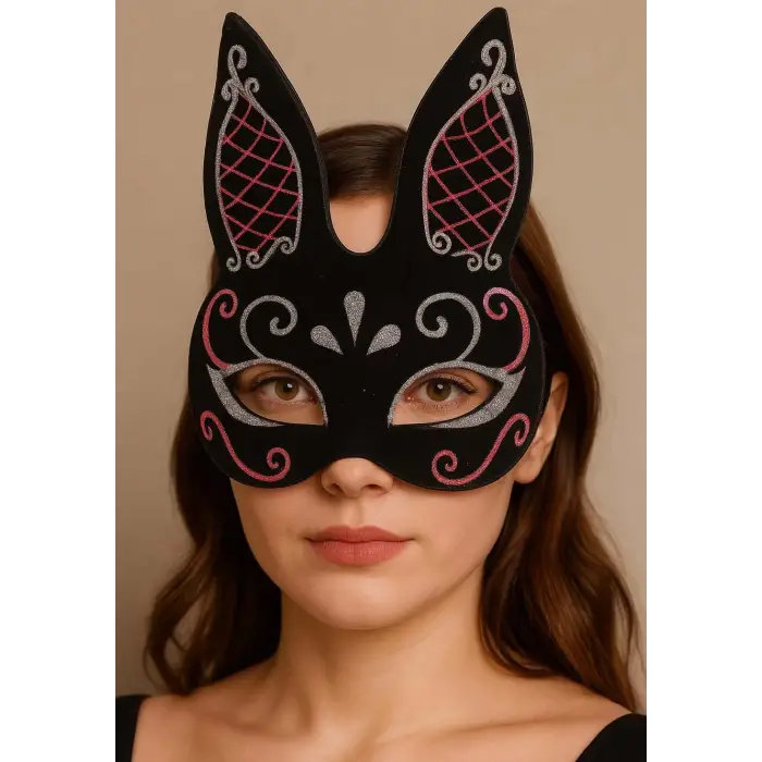 Siyah Renk Kırmızı Beyaz Simli Siyah Süet Kaplama Tavşan Maskesi 18x16 cm