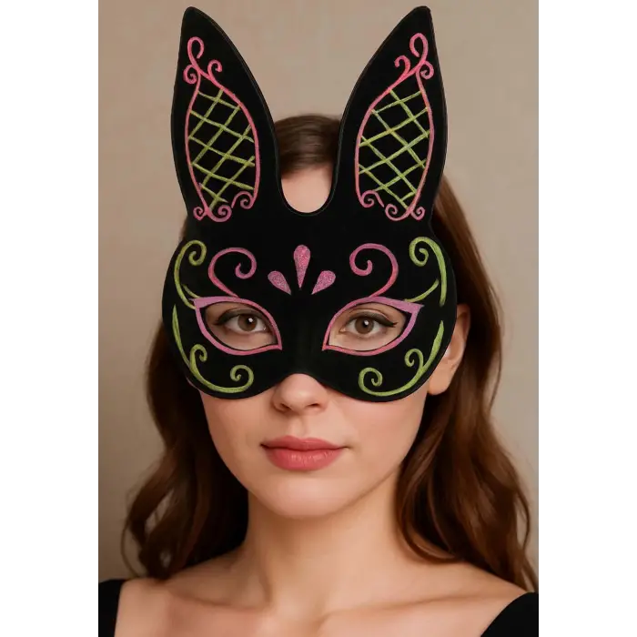 Siyah Renk Pembe Gold Simli Siyah Süet Kaplama Tavşan Maskesi 18x16 cm