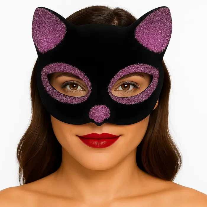 Siyah Renk Pembe Simli Süet Kaplama Kedi Maskesi 18x14 cm