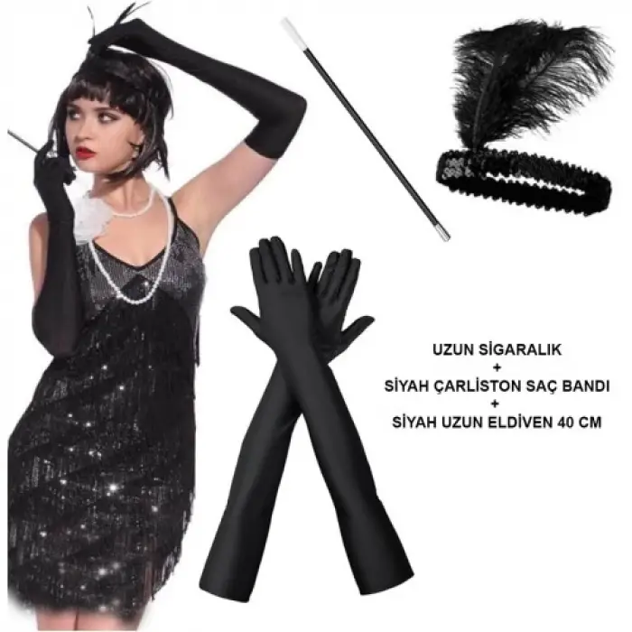 Siyah Retro Charliston Aksesuar Seti