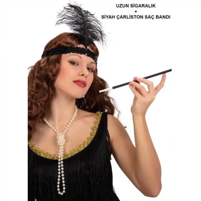 Siyah Retro Charliston Saç Bandı & Sigaralık