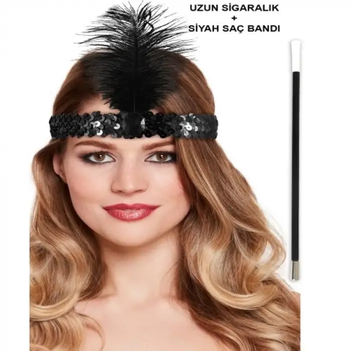 Siyah Retro Charliston Saç Bandı & Sigaralık