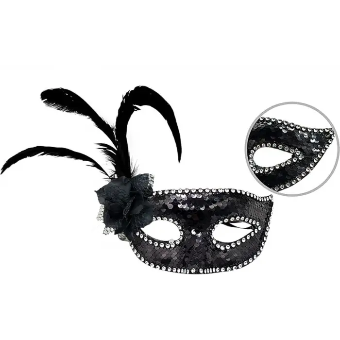 Siyah Yandan Tüylü Güllü Taşlı Pullu Maske