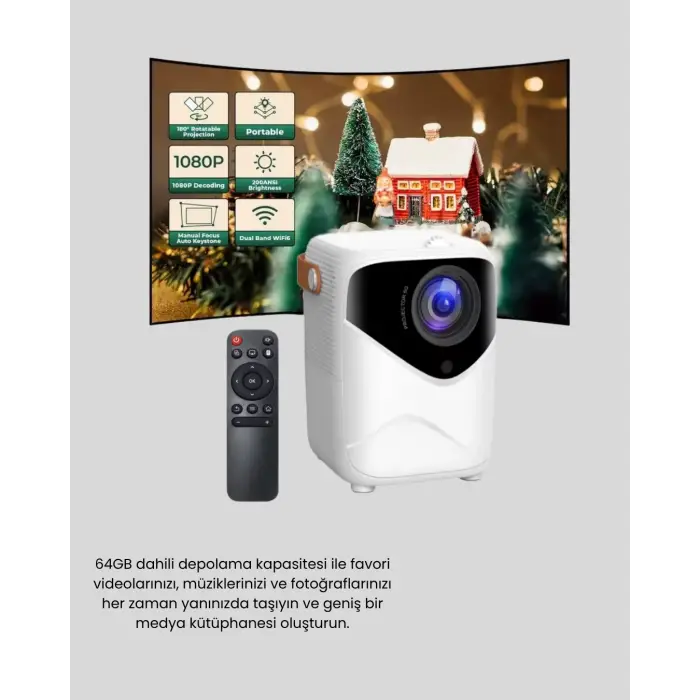 Taşınabilir 1080P HD Akıllı Projektör – 64GB Dahili Hafıza, 2GB RAM, Uzaktan Kumandalı