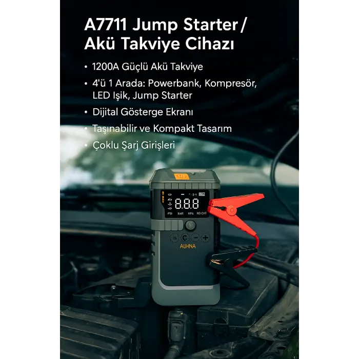 Araç İçi Jump Starter ve Powerbank | 1200A Akü Takviye, Hava Kompresörü, LED Işıklı LCD Ekranlı