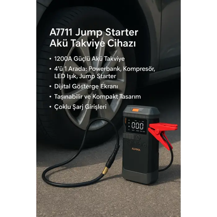 Araç İçi Jump Starter ve Powerbank | 1200A Akü Takviye, Hava Kompresörü, LED Işıklı LCD Ekranlı