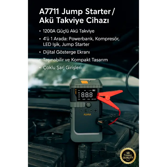 Araç İçi Jump Starter ve Powerbank | 1200A Akü Takviye, Hava Kompresörü, LED Işıklı LCD Ekranlı