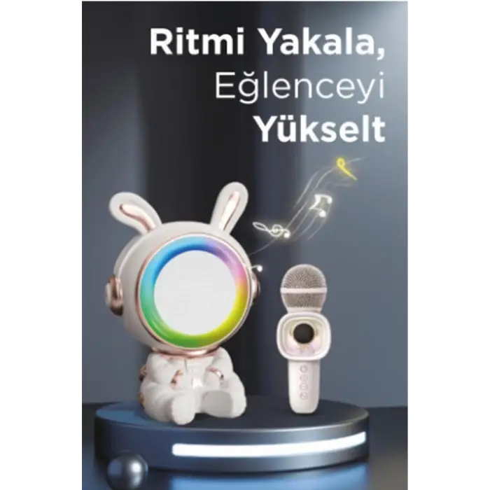 Taşınabilir Rgb Işılı Sevimli Figürlü Mikrofonlu Karaoke Bluetooth Hoparlör Krem