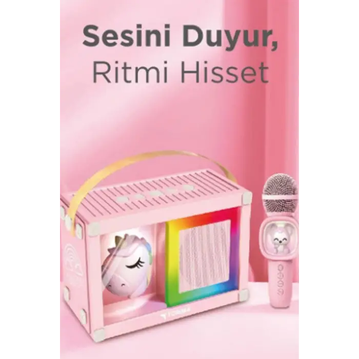 Taşınabilir Rgb Işılı Sevimli Figürlü Mikrofonlu Karaoke Bluetooth Hoparlör Pembe