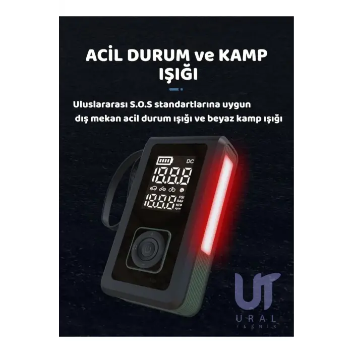 Taşınabilir Şarjlı Ekranlı Akü takviye-Powerbank-S.O.S ve Kamp Işıklı Lastik Şişirme Hava Kompresörü
