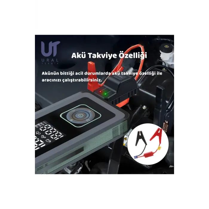 Taşınabilir Şarjlı Ekranlı Akü takviye-Powerbank-S.O.S ve Kamp Işıklı Lastik Şişirme Hava Kompresörü