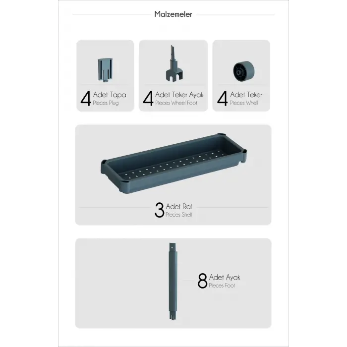 Dar Alan Uyumlu Tekerlekli 3 Katlı Mutfak Rafı – Yağlık, Baharatlık ve Peçetelik Organizer
