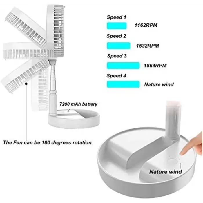 Teleskopik Fan Vantilatör 4 Modlu Şarjlı Katlanabilir Yükseltilebilir Taşınabilir Serinletici Portatif Masa Vantilatörü