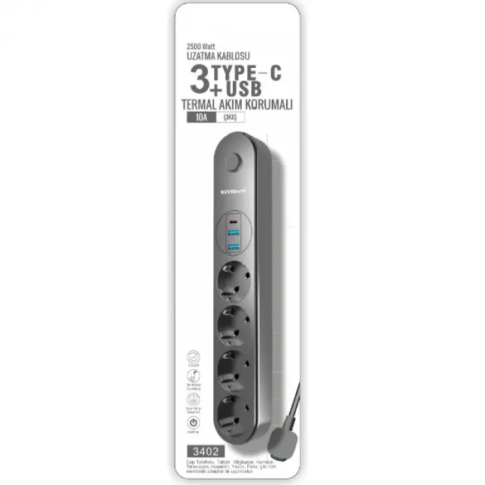 Termal Akım Korumalı 4 Prizli USB Girişli Uzatma Kablosu