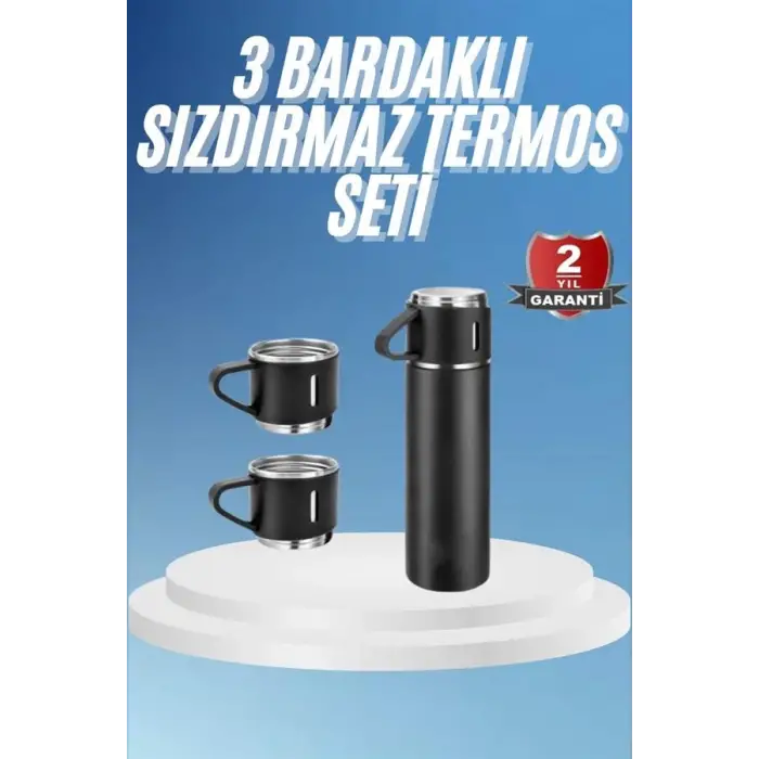 Termos Paslanmaz Çelik Termos Siyah Renk 3 Bardaklı Termos Seti