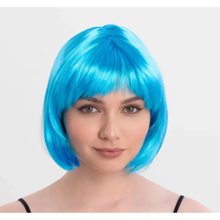 Turkuaz Açık Mavi Renk Düz Kesim Kısa Küt Parti Peruğu