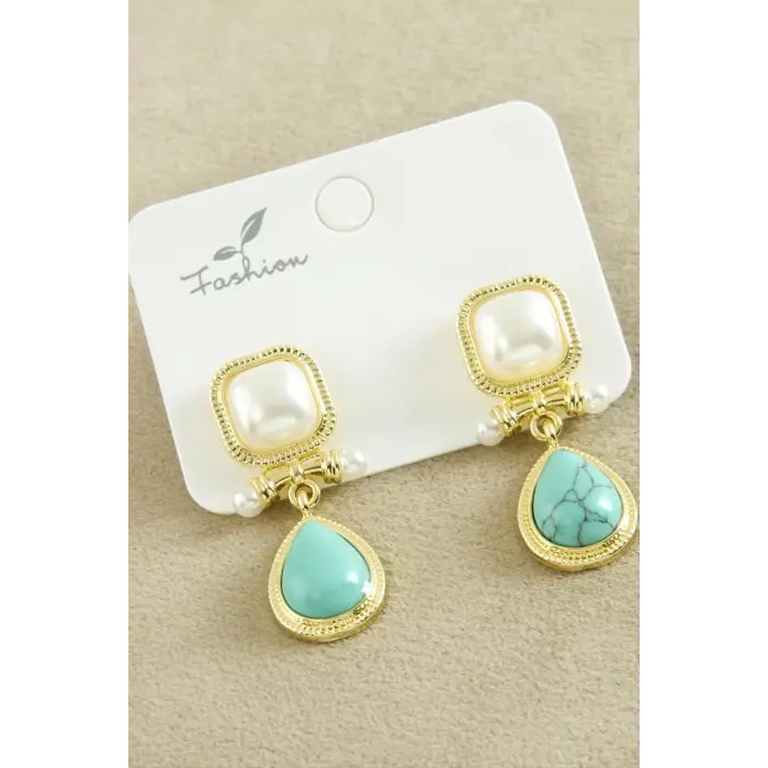 Turkuaz Taşlı İnci Küpe