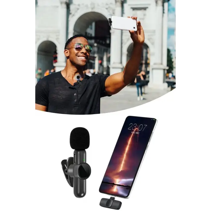 Type C Uyumlu İphone Dönüştürücülü Kablosuz Yaka Mikrofonu Android Ve İphone Uyumlu Mini Mikrofon